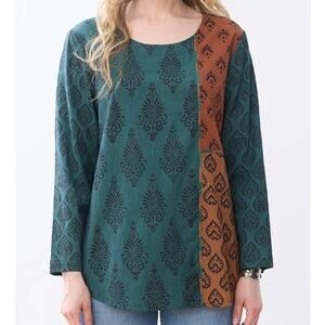 Marketplace India Women's Divya Mixed Media Popover Top 1X Green Orange